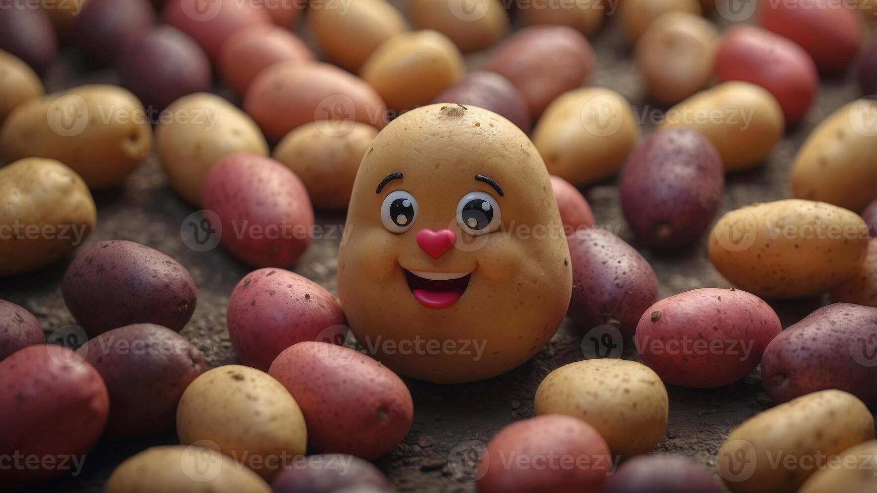Cute smiling potato character surrounded by heart shapes holding small potatoes. photo
