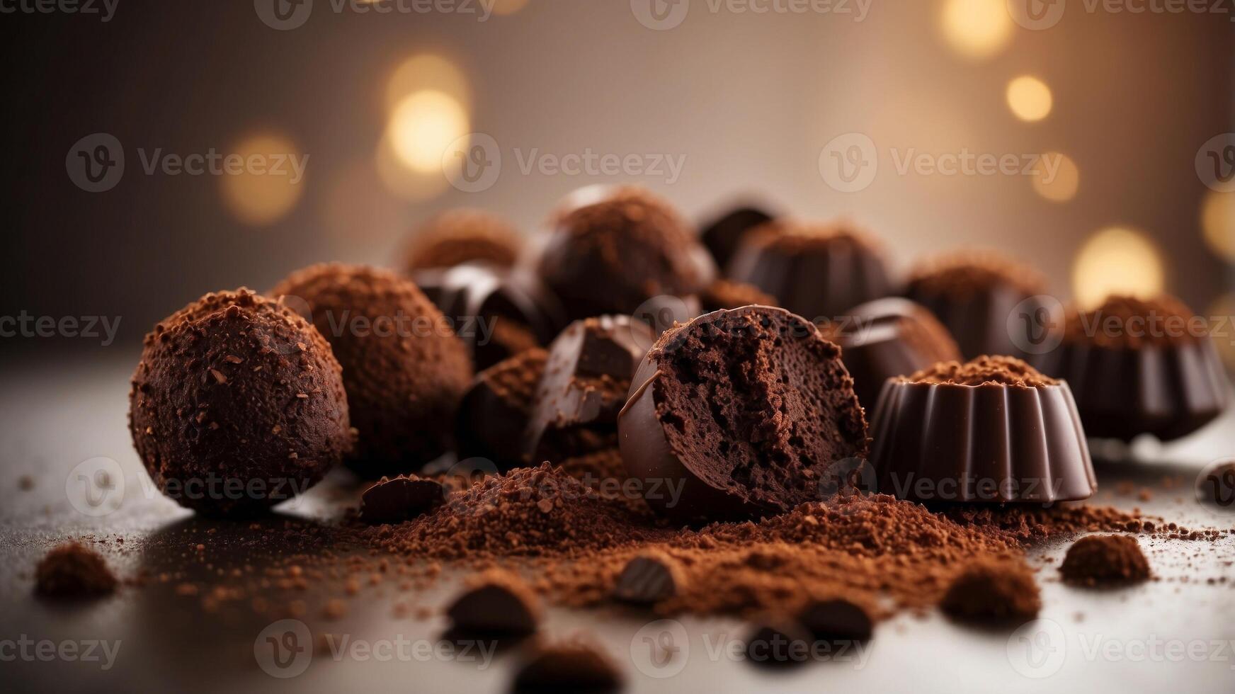 Dark chocolate truffles with cocoa powder and chocolate pieces. photo