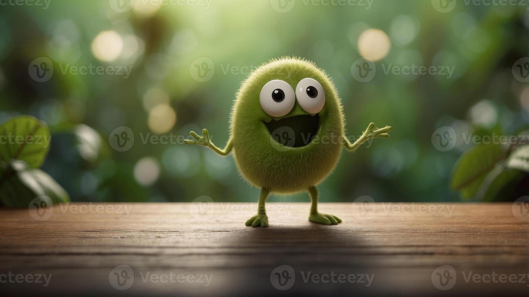 Cheerful animated green kiwi with a beak and a smile on its face. photo
