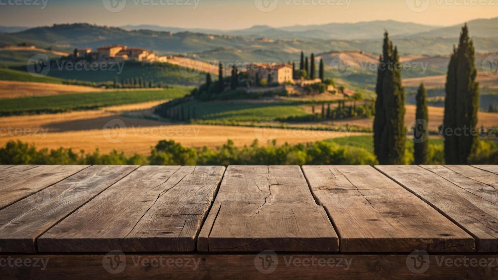Empty wooden table for montage and display your products on the background of Tuscany landscape. photo