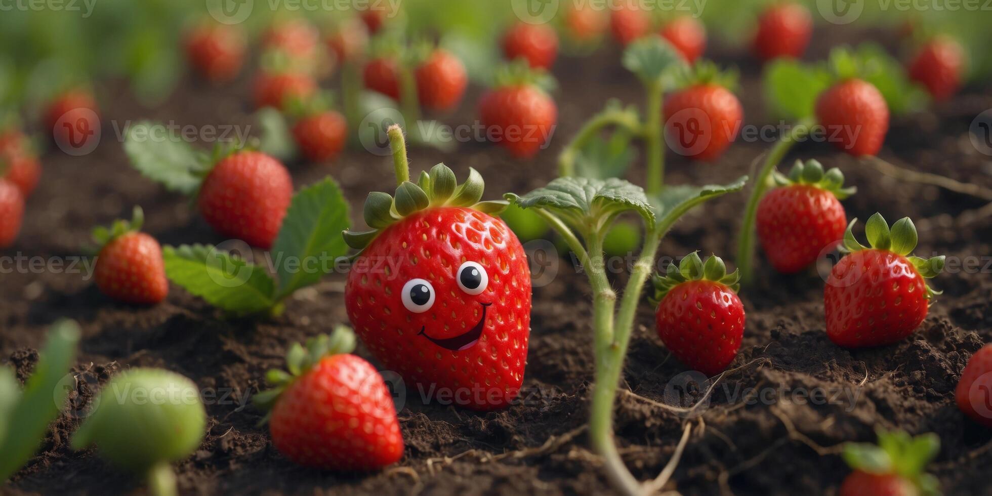 Cheerful animated red strawberry with a smile on her face in the vegetable garden. photo