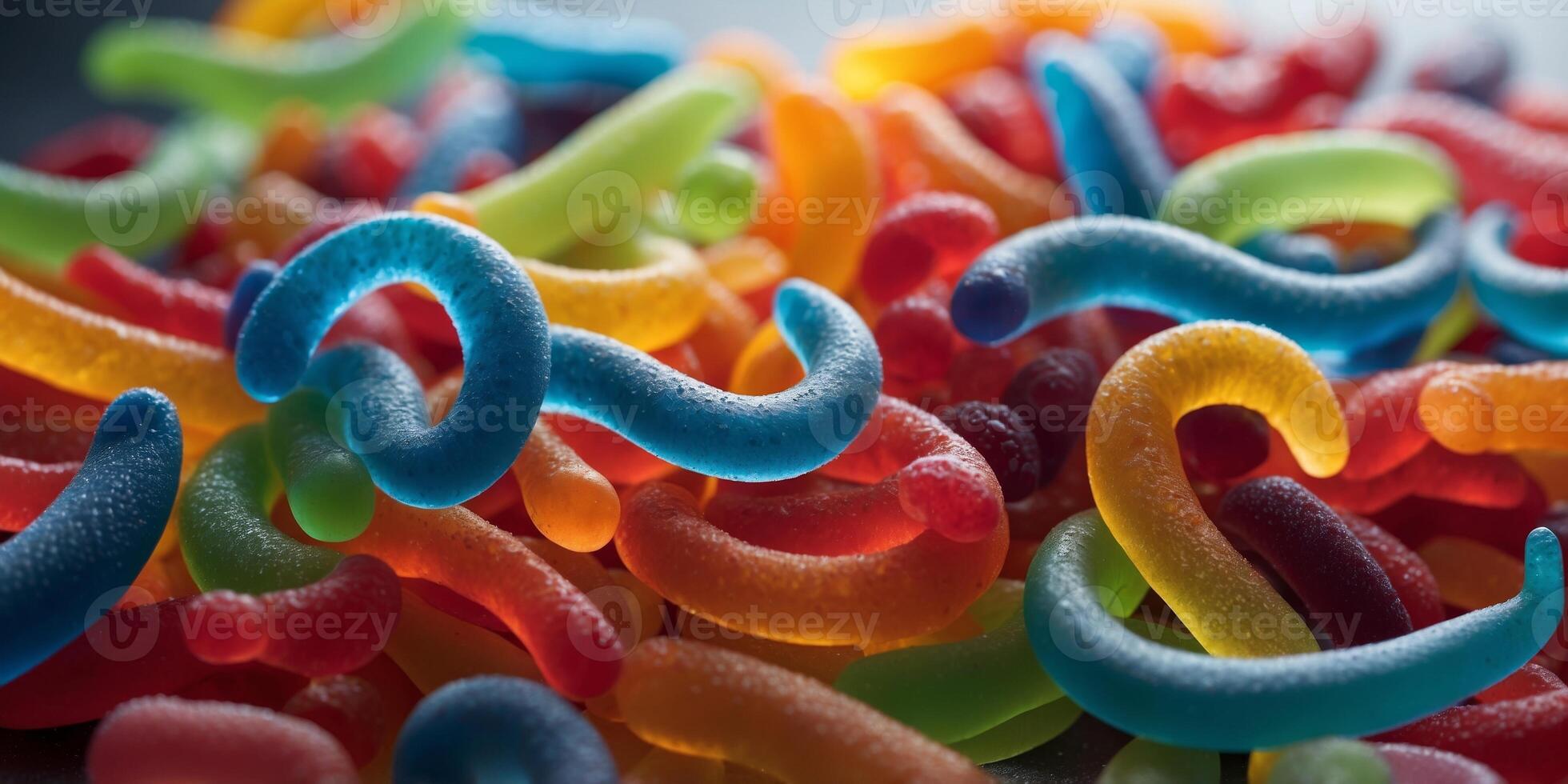 Colorful gummy worms upon frosty surface within soft light. photo