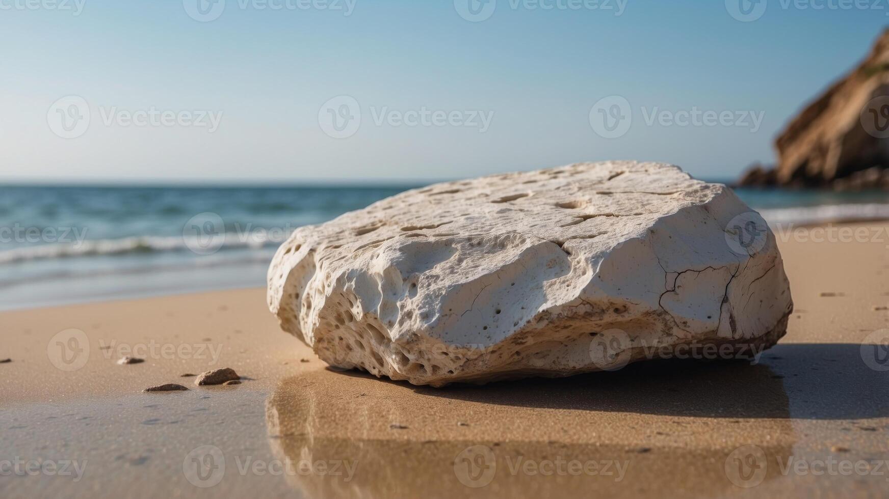 A large white rock with a lot of cracks and holes sits on a beach. photo