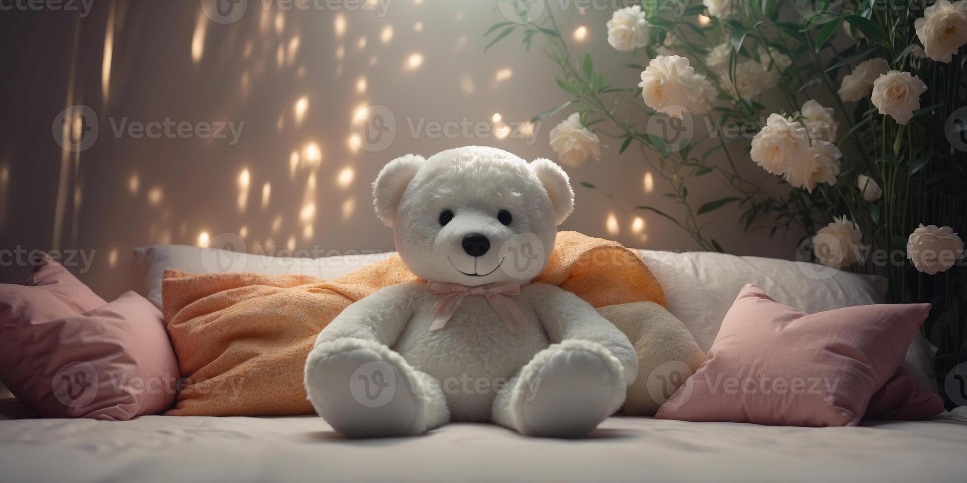Doll bear white with floral pillows on background bamboo. photo
