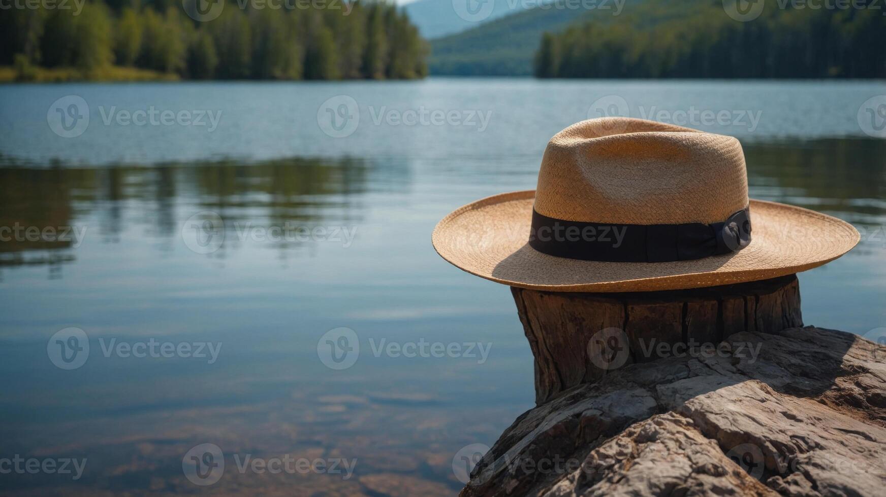 in a hat looking on the peaceful lake Hiking. photo