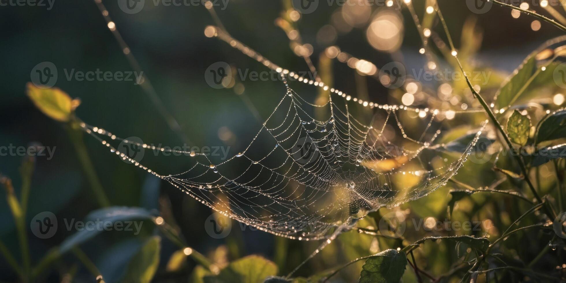 Morning dew on a spider web with light rays. photo