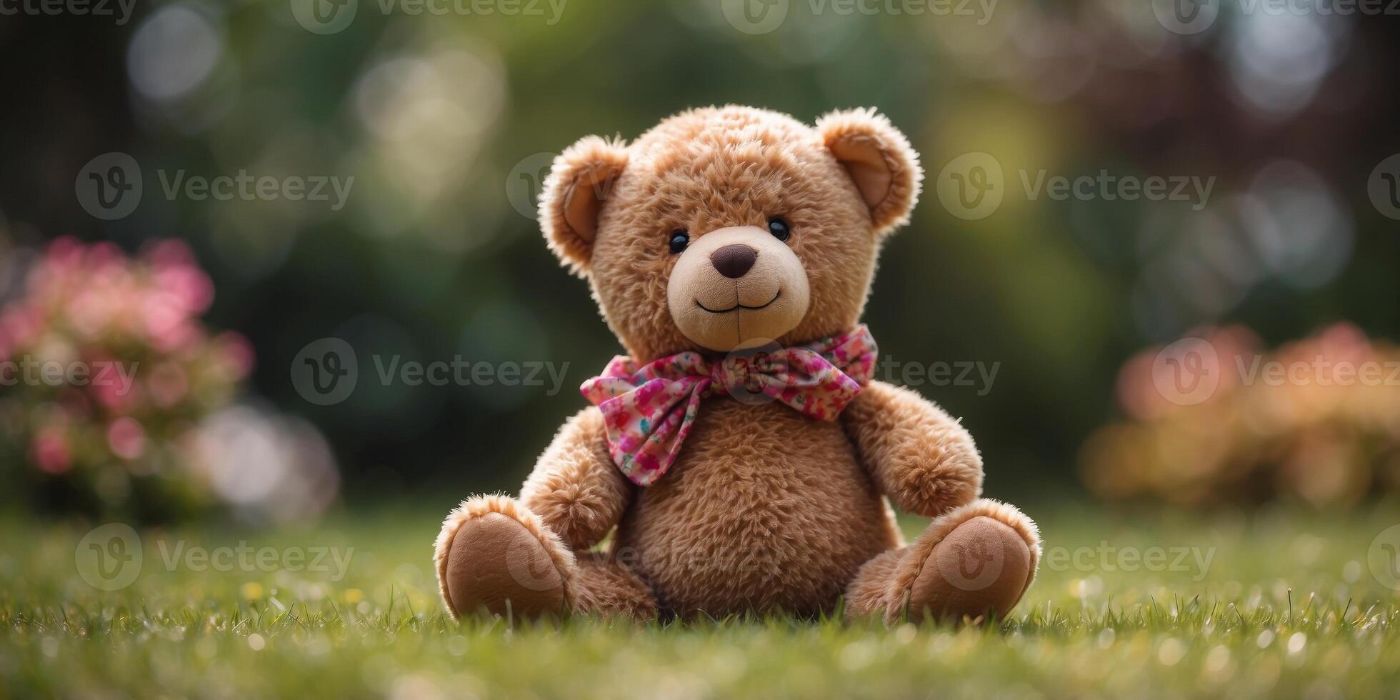 Teddy bear sitting on the lawn in the garden. photo