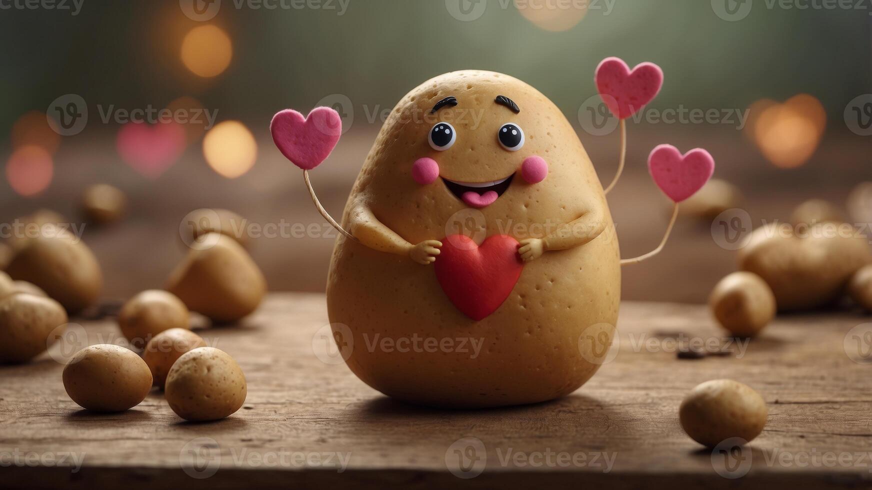 Cute smiling potato character surrounded by heart shapes holding small potatoes. photo
