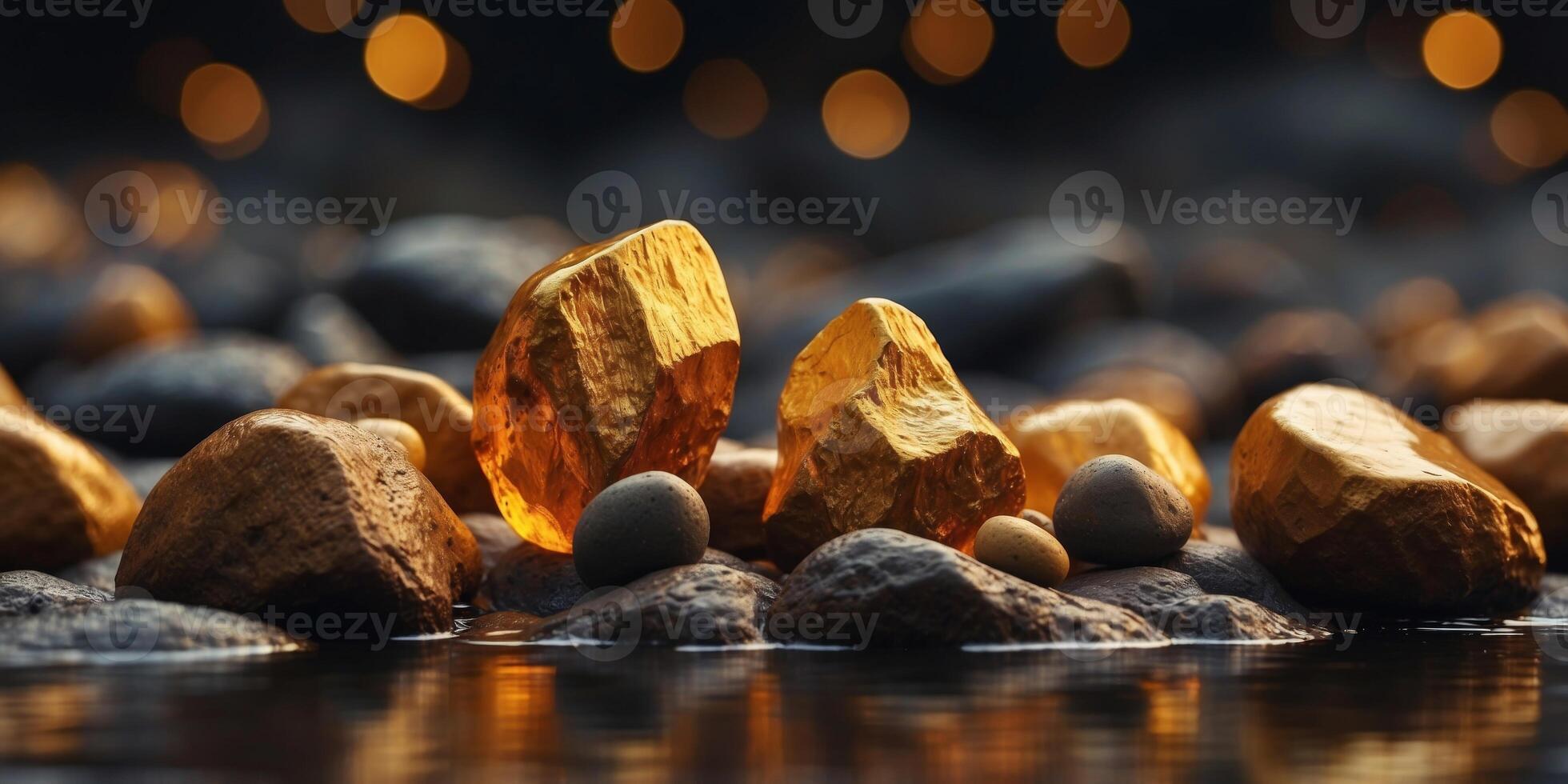 Floating golden rocks in a mystical cosmic scene. photo