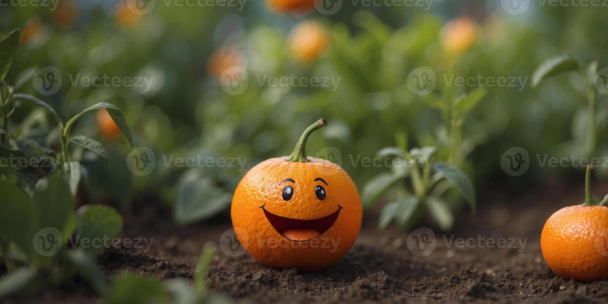 Cheerful animated orange tangerine with a smile on his face in the vegetable garden. photo