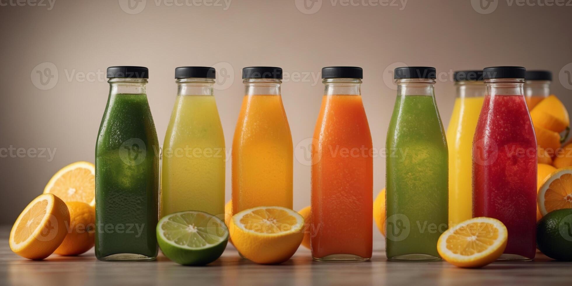 Colorful Bottles of Fresh Juice with Citrus Slices. photo