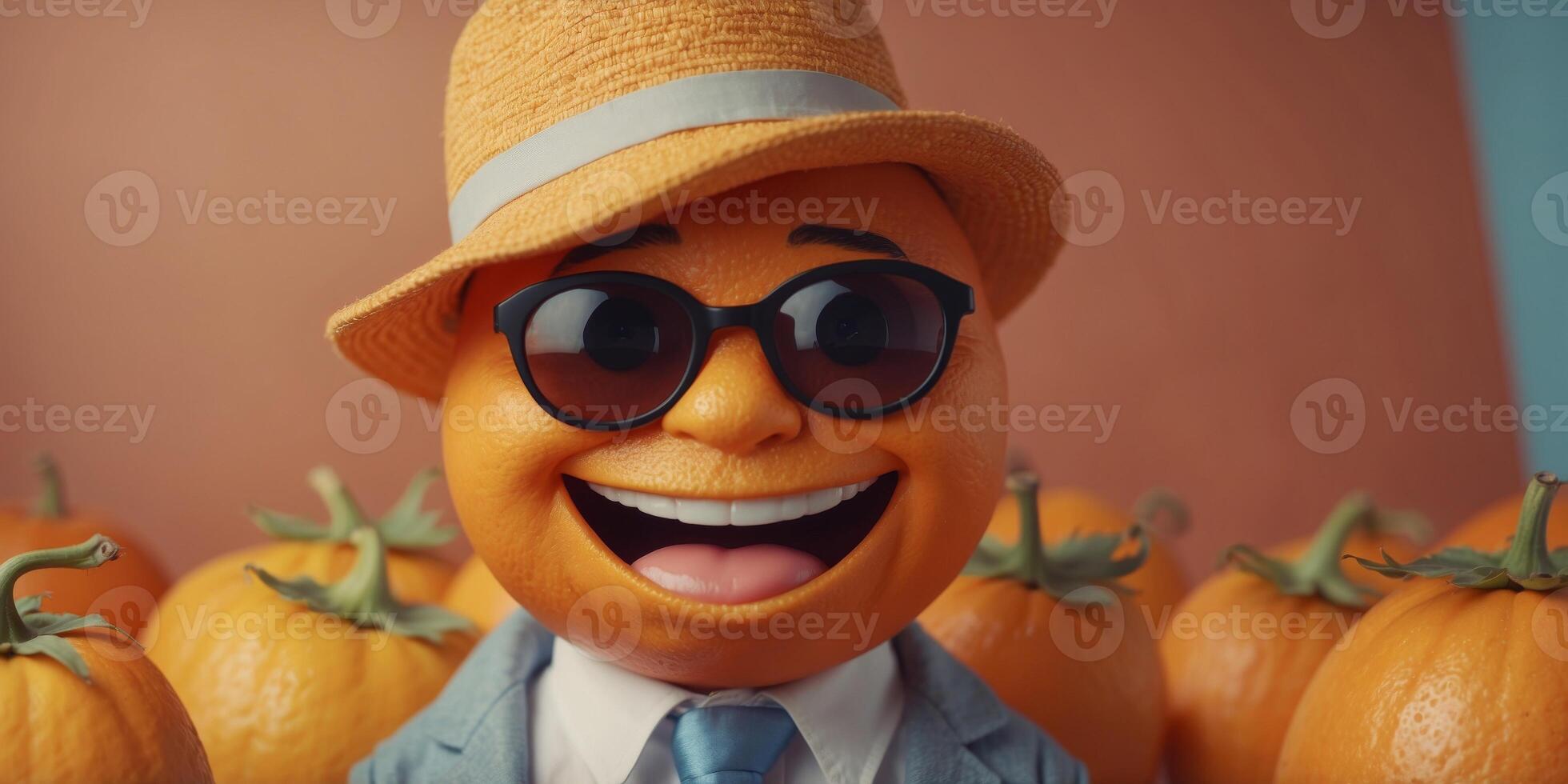 Cheerful animated orange papaya with a smile on his face and a hat on his head. photo