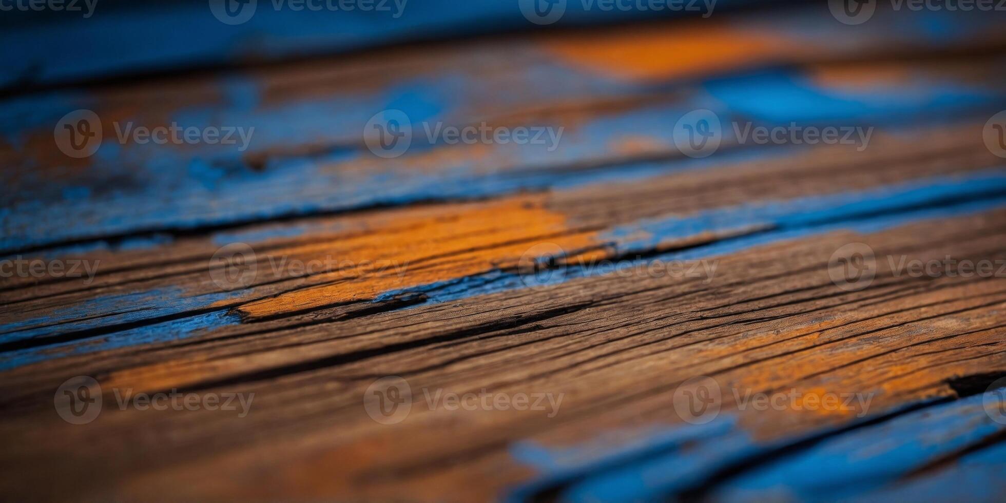 The image is a close up of a wooden surface with a blue and orange hue. photo