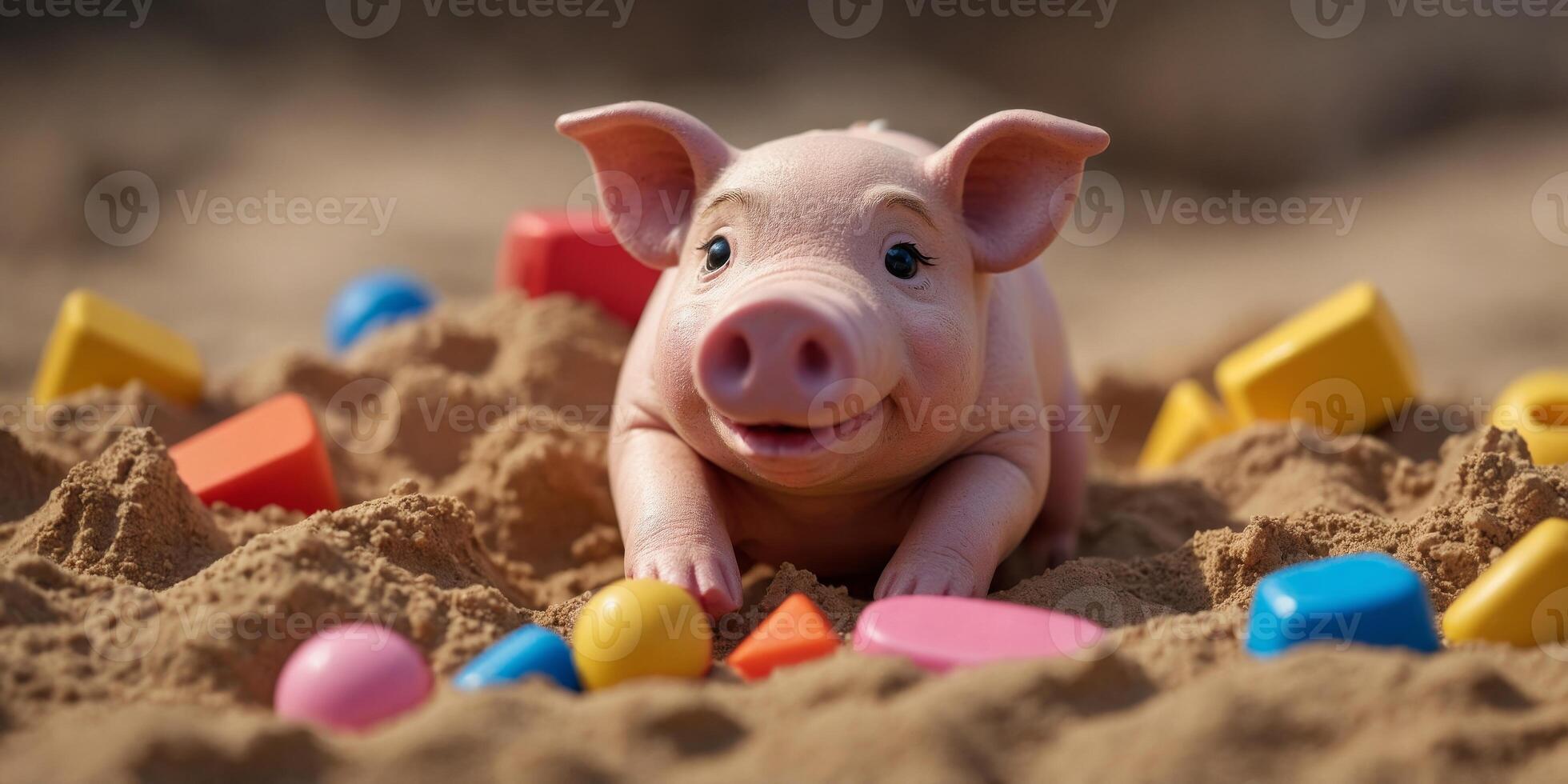 Toy pig in sandbox with scattered play items. photo