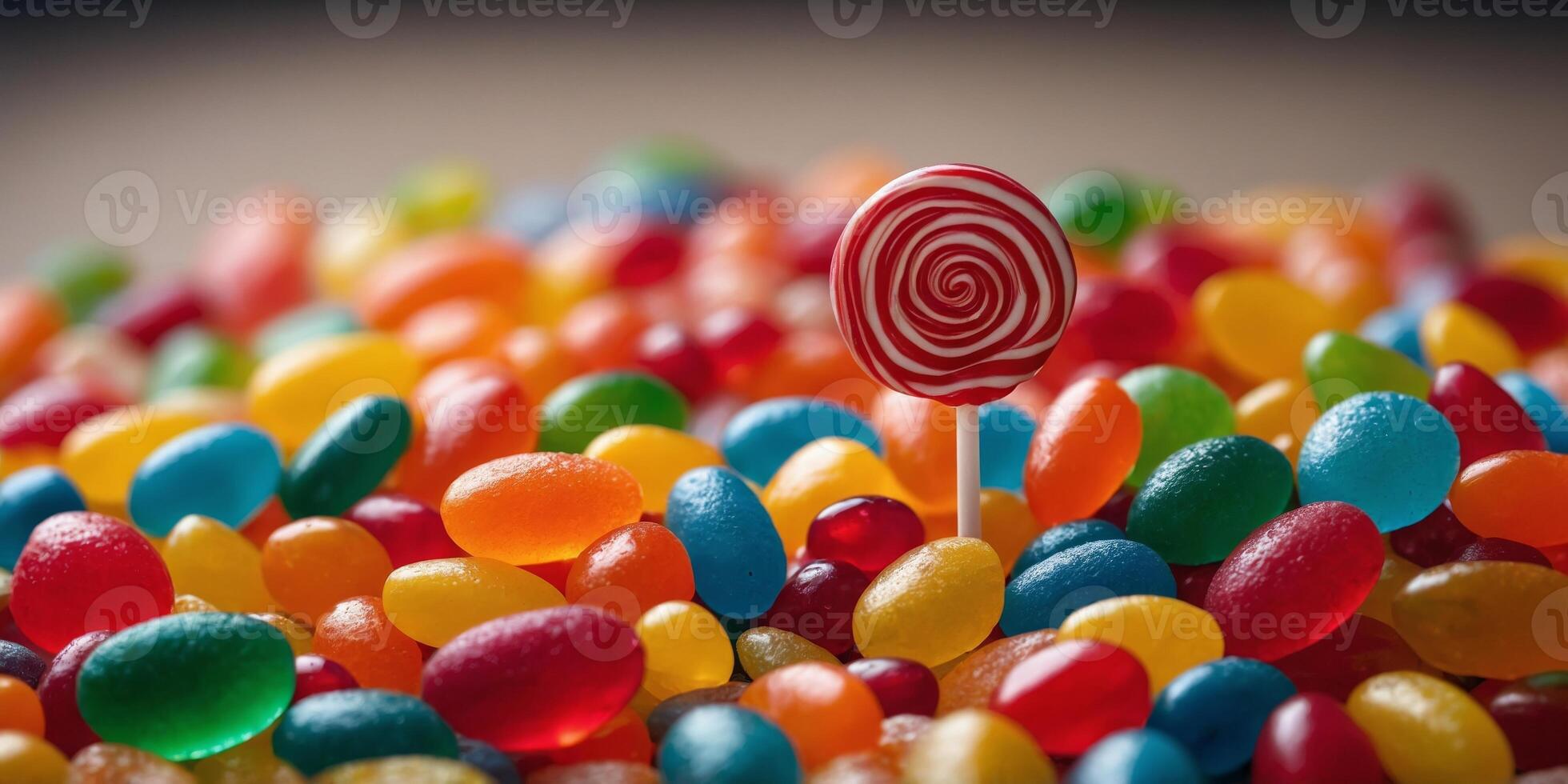 Colorful lollipop standing in pile of assorted jelly beans. photo