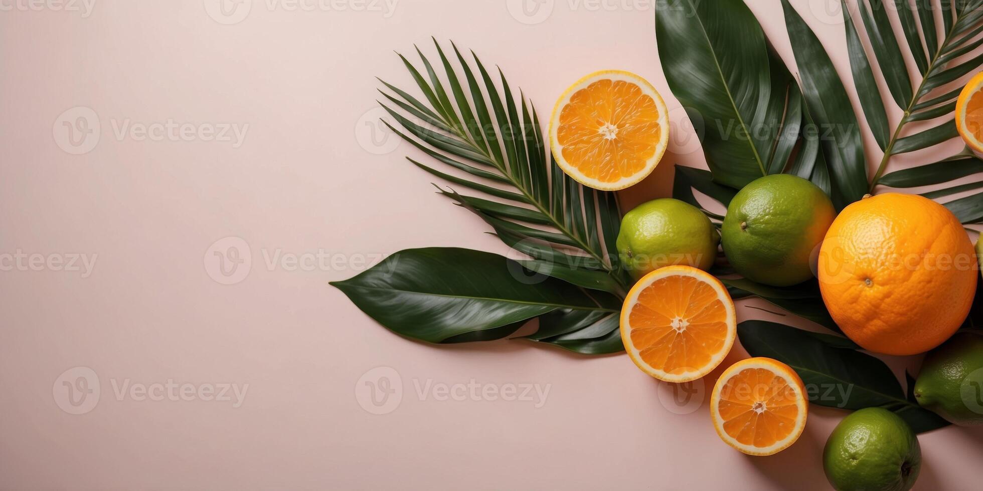 Fresh citrus fruits and palm leaves on a pastel background. photo