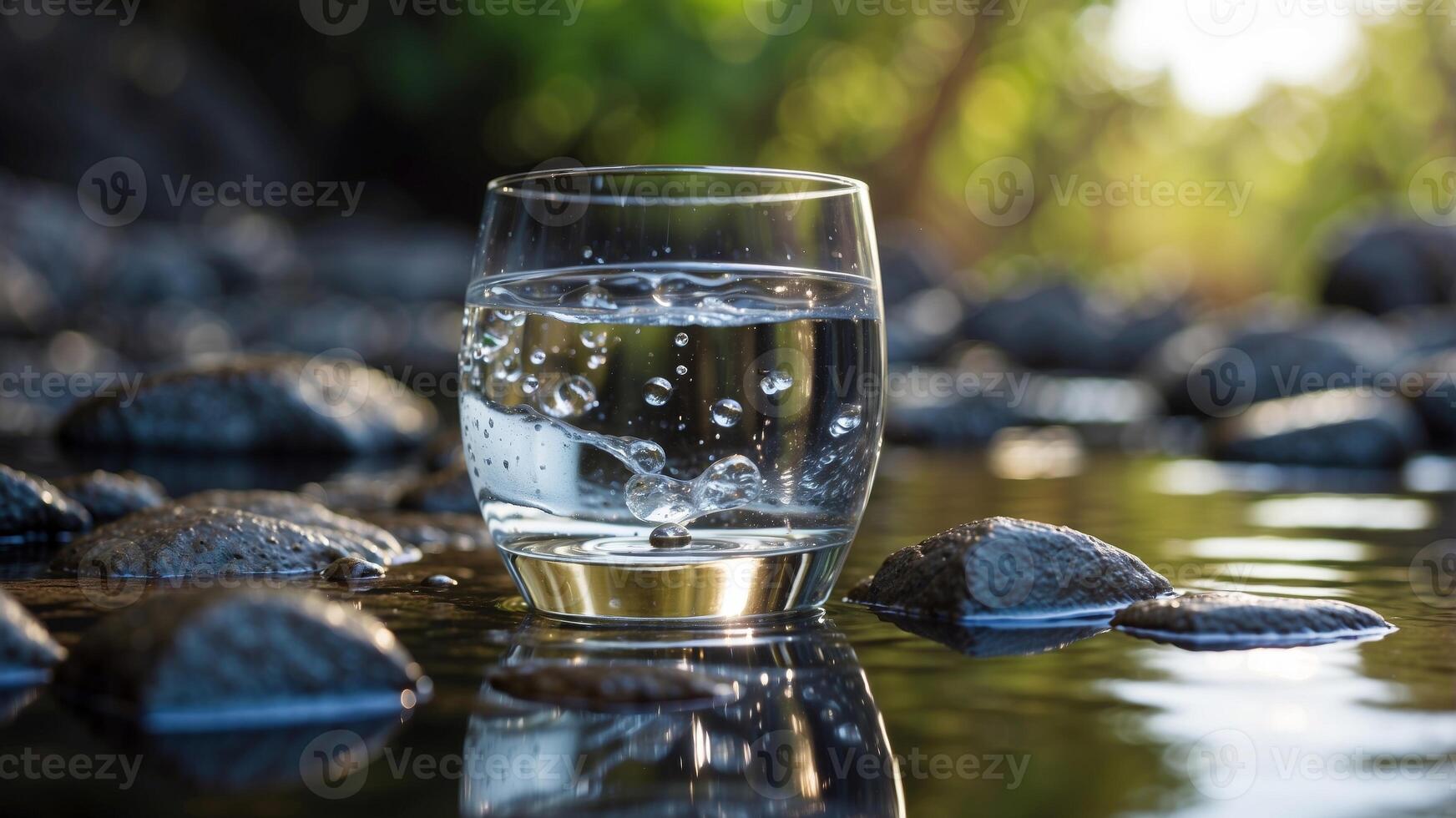 A glass of water is being sitting on a rock in a stream. photo