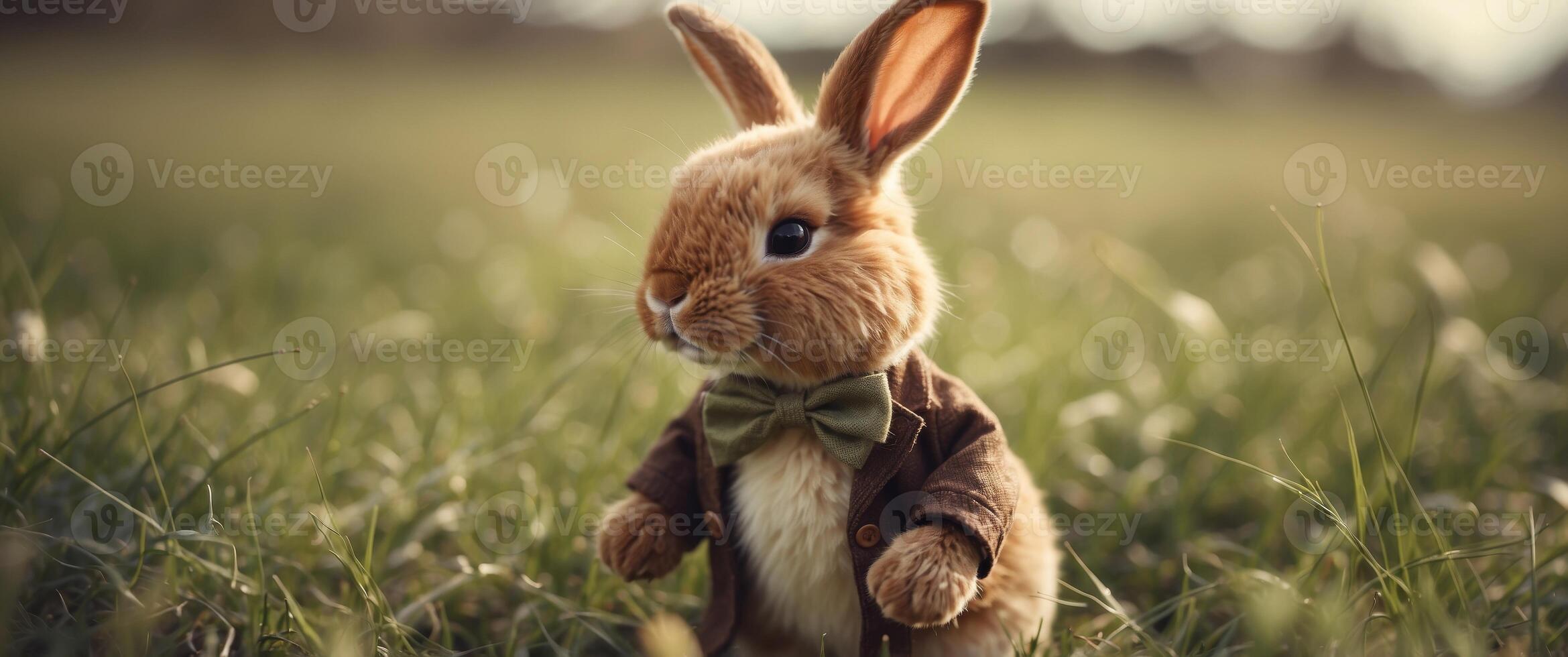 Brown rabbit doll toy rabbit on field meadow spring nature green grass with retro filter effect soft focus. photo