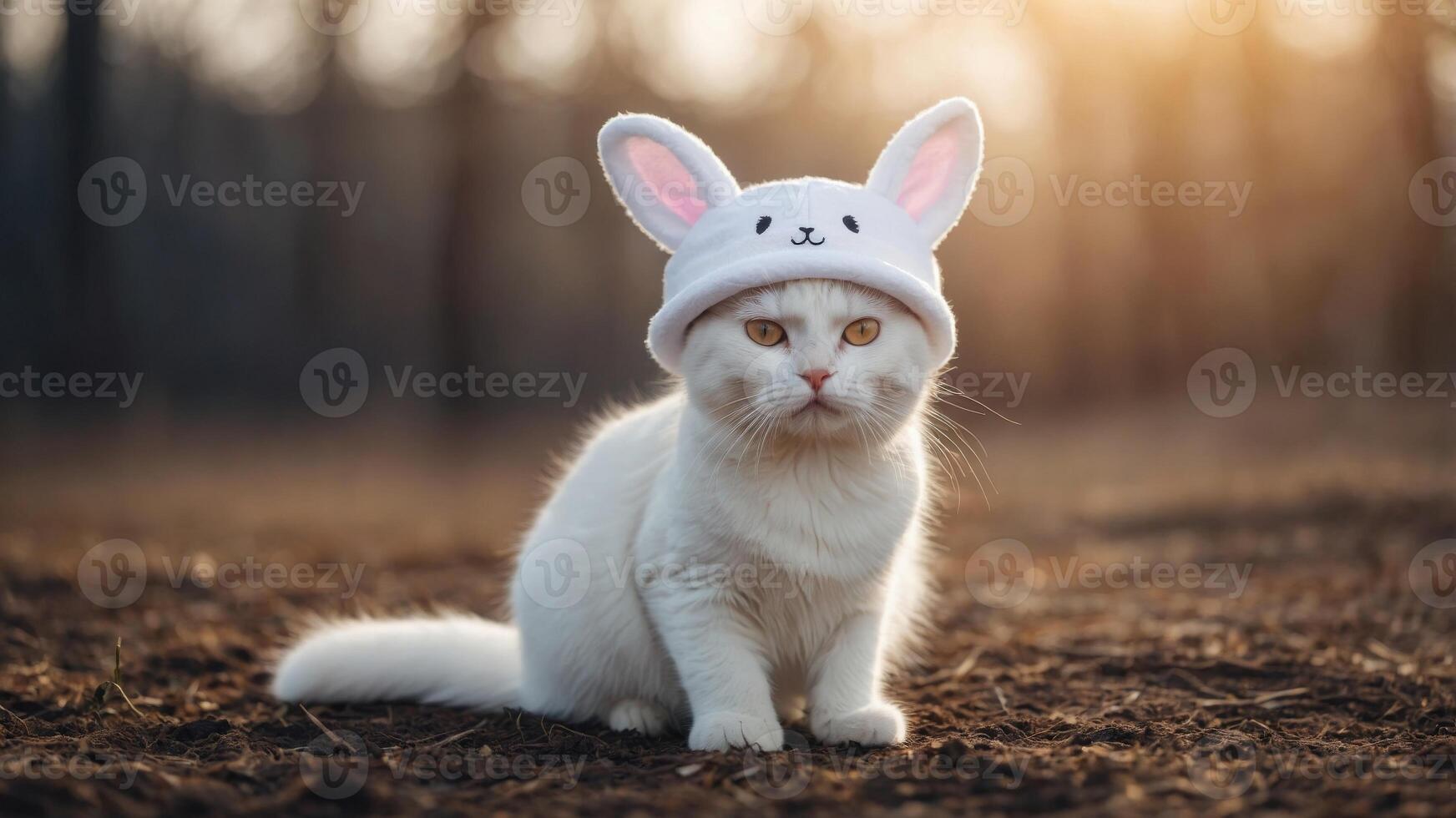 Funny white cat in a hat with bunny ears in a white. photo