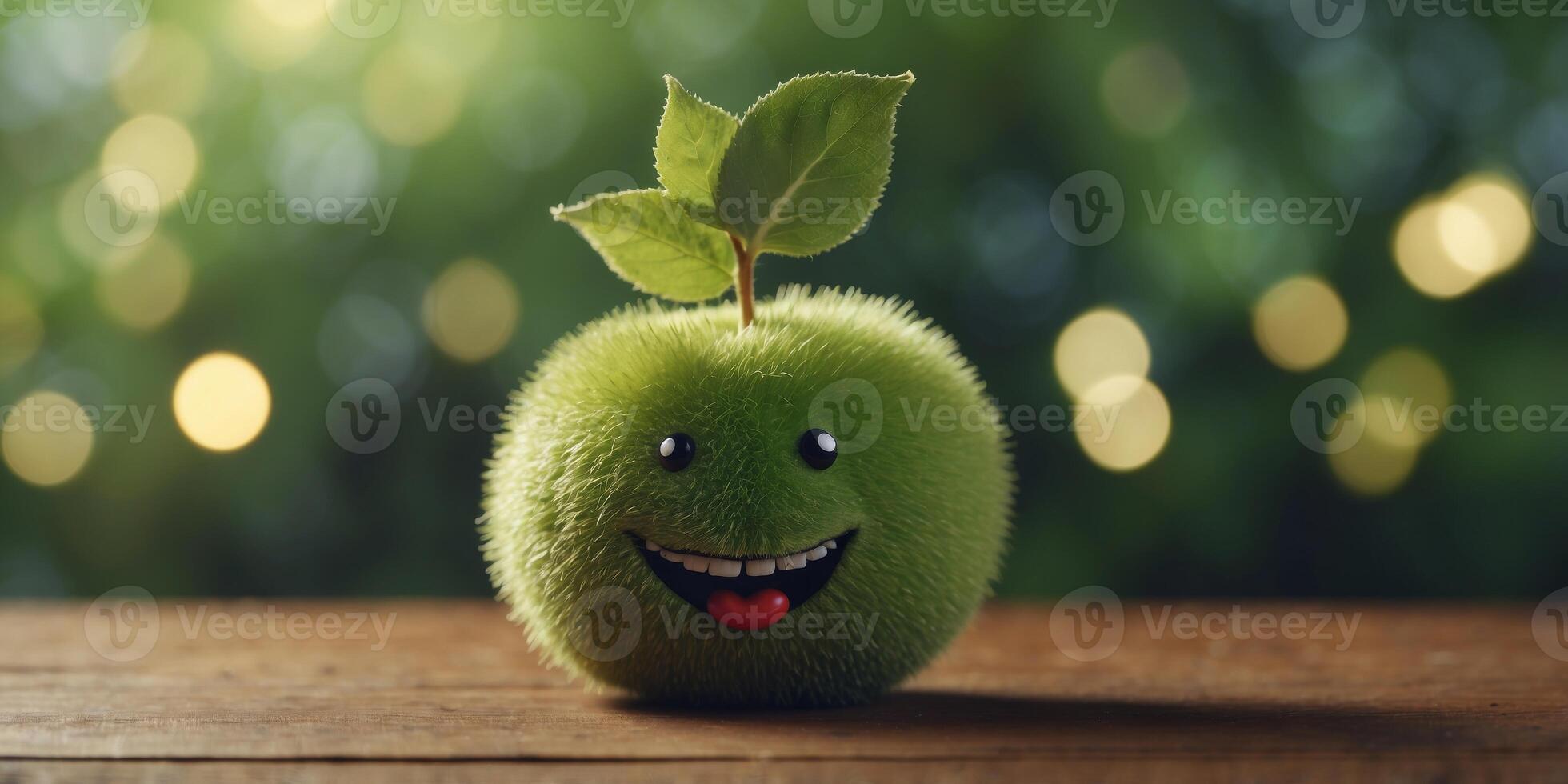 A green fuzzy fruit with a leaf on top The fruit is smiling and has a happy expression. photo