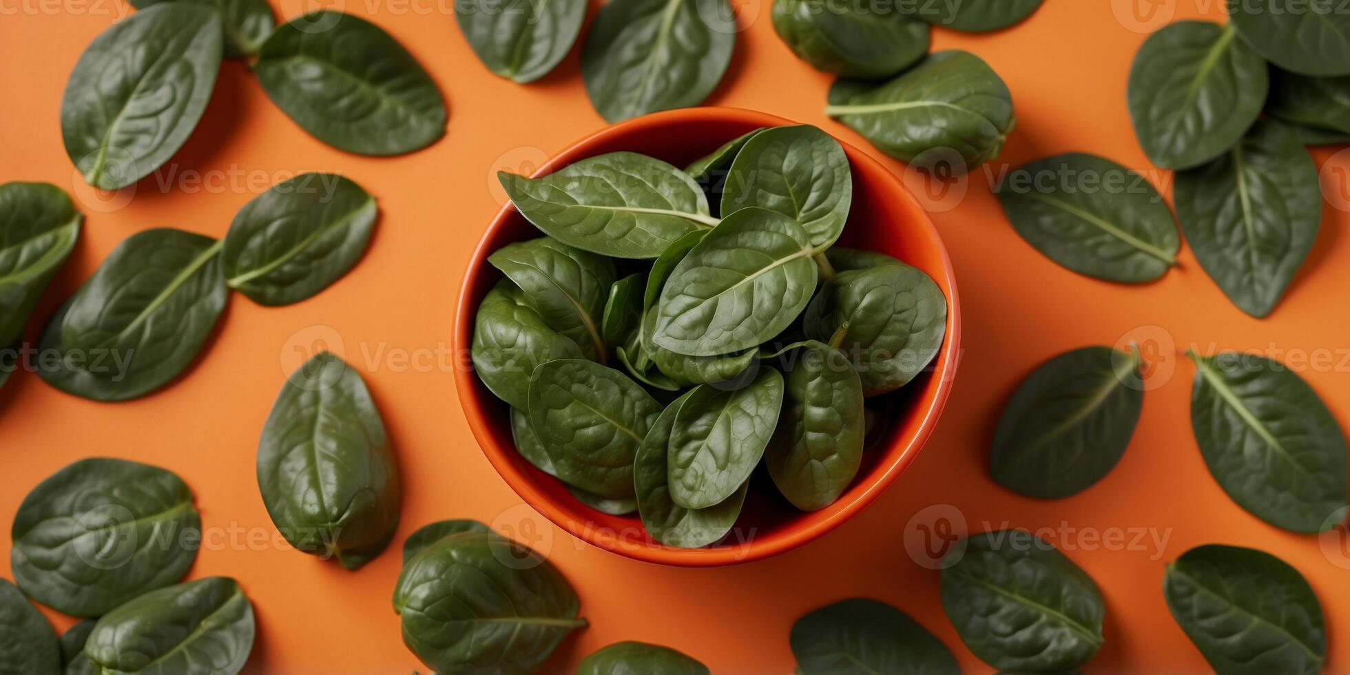 Fresh spinach leaves in red bowl on orange surface. photo