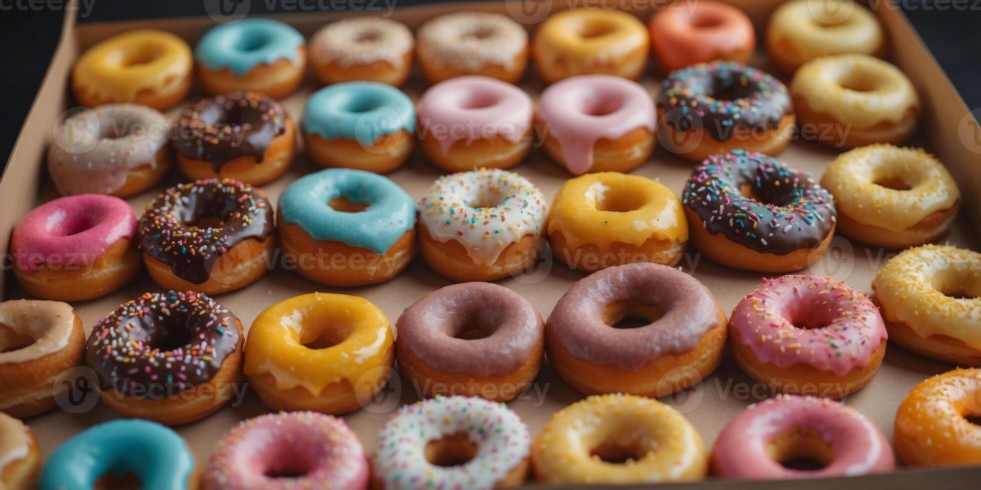 Dozen colorful artisan donuts arranged in a box for office brunch. photo