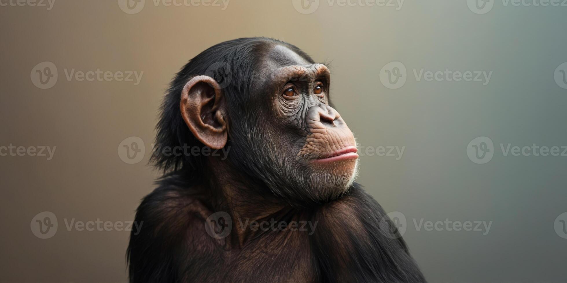 Side profile of chimpanzee gazing upward Neutral background. photo