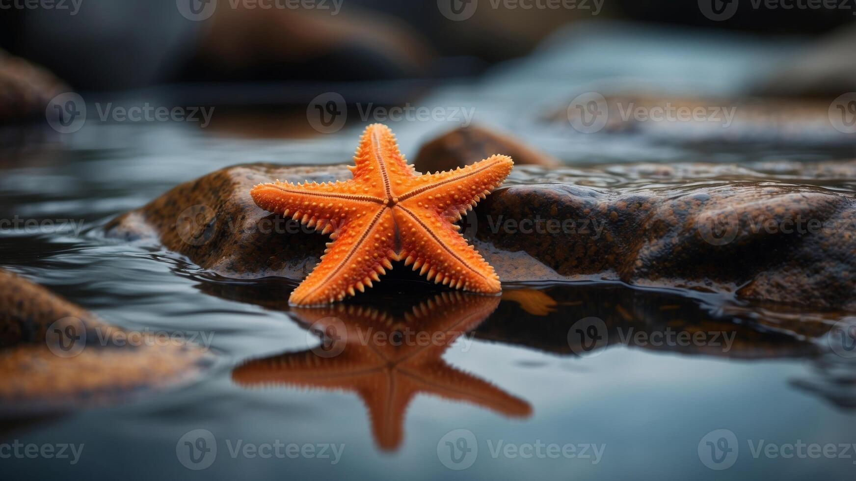 Orange starfish on wet rocks in shallow tidal pool. photo