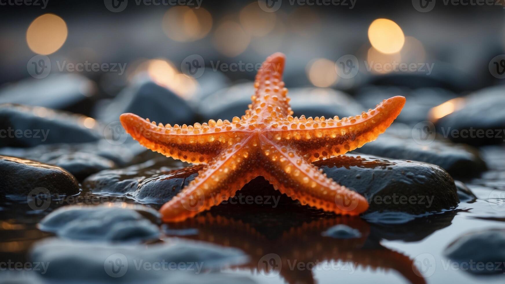 Orange starfish on rocky wet surface with water ripples. photo