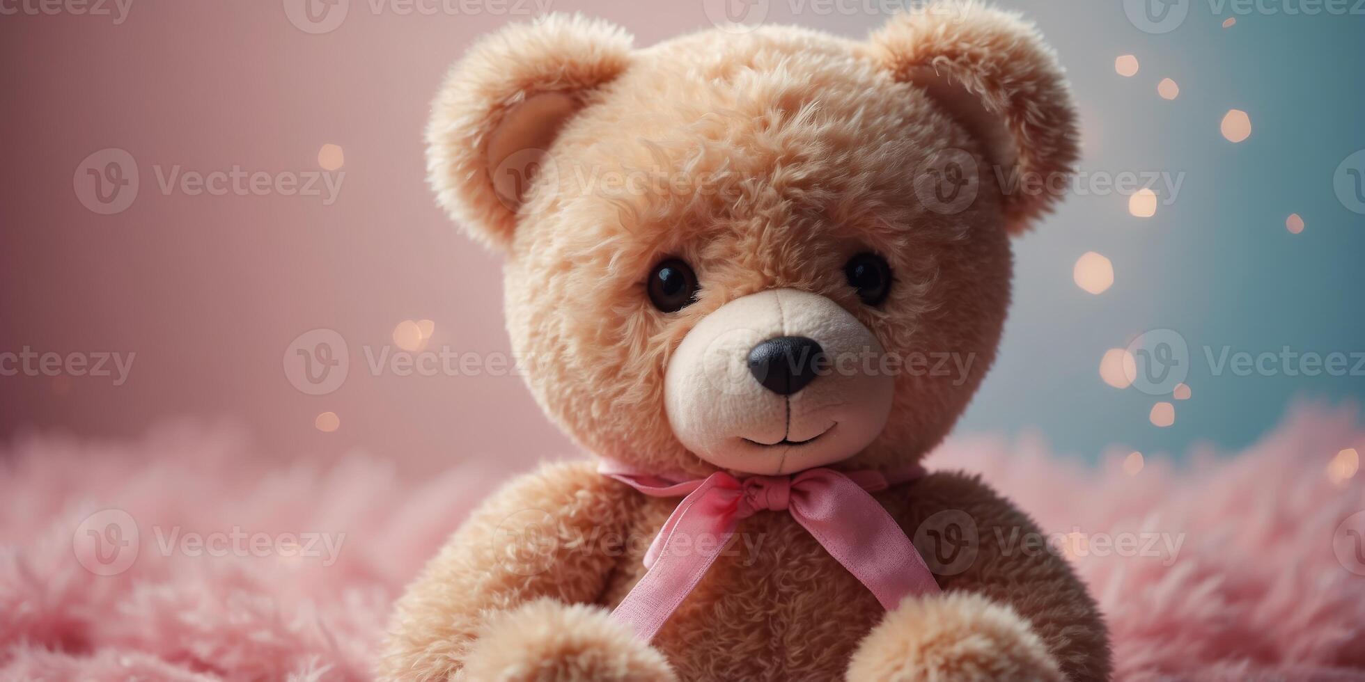 Sitting cute Teddy Bear fluffy toy with on pink background. photo