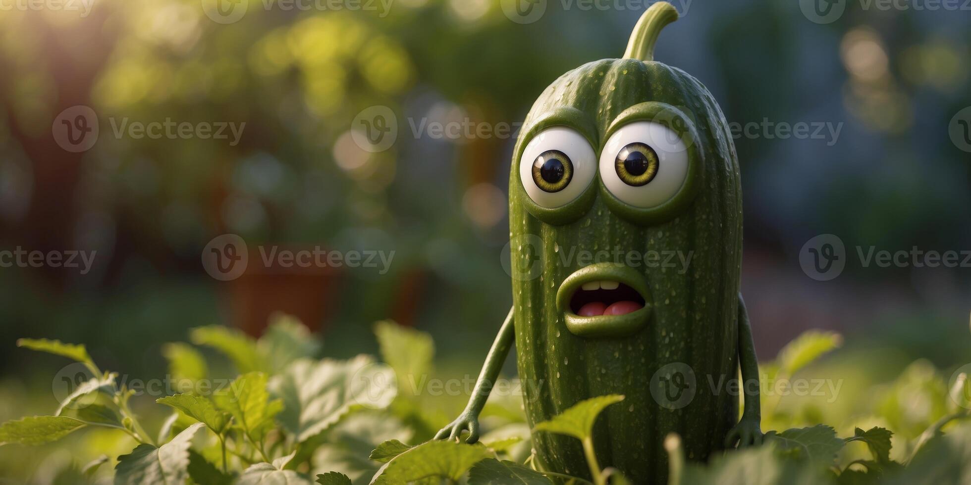 Wide-eyed cucumber character with a surprised expression standing in a sunlit garden. photo