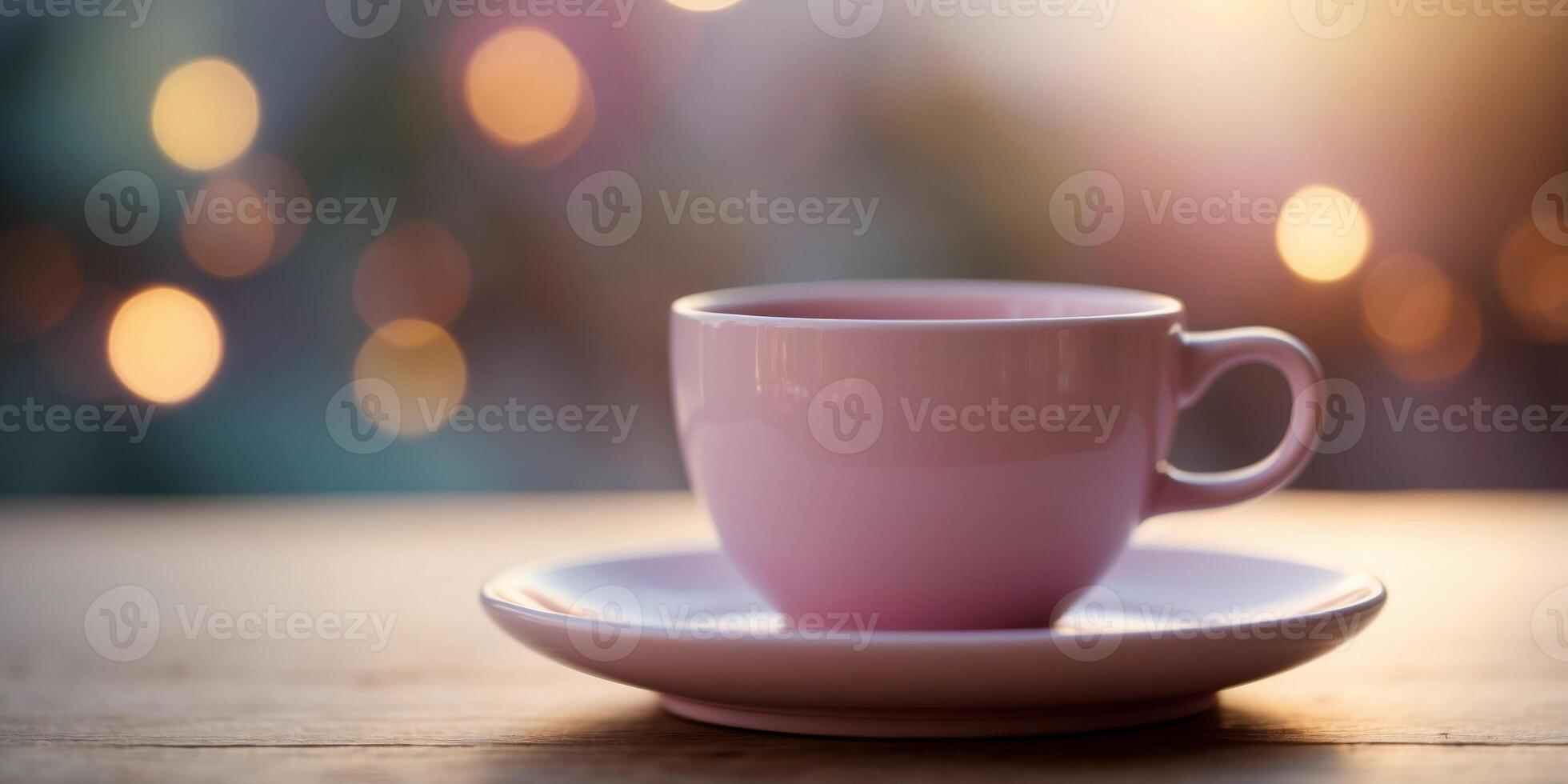Pastel-colored coffee cup on pink pedestal. photo