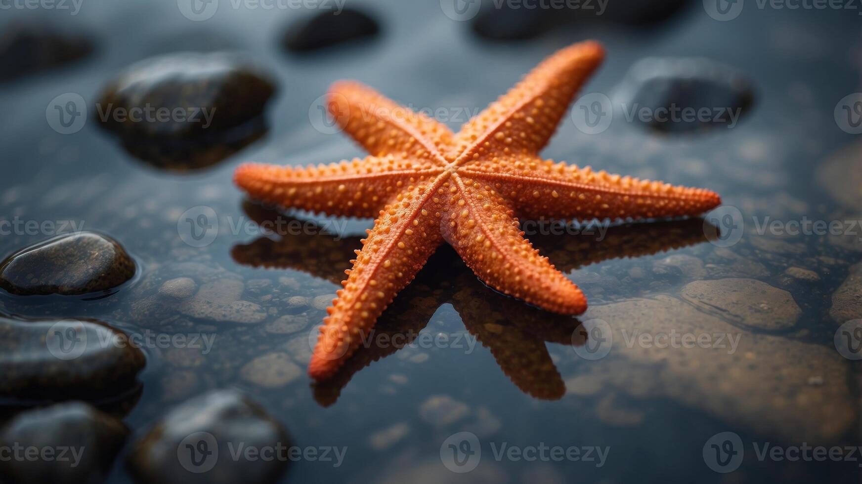 Orange starfish on rocky wet surface with water ripples. photo