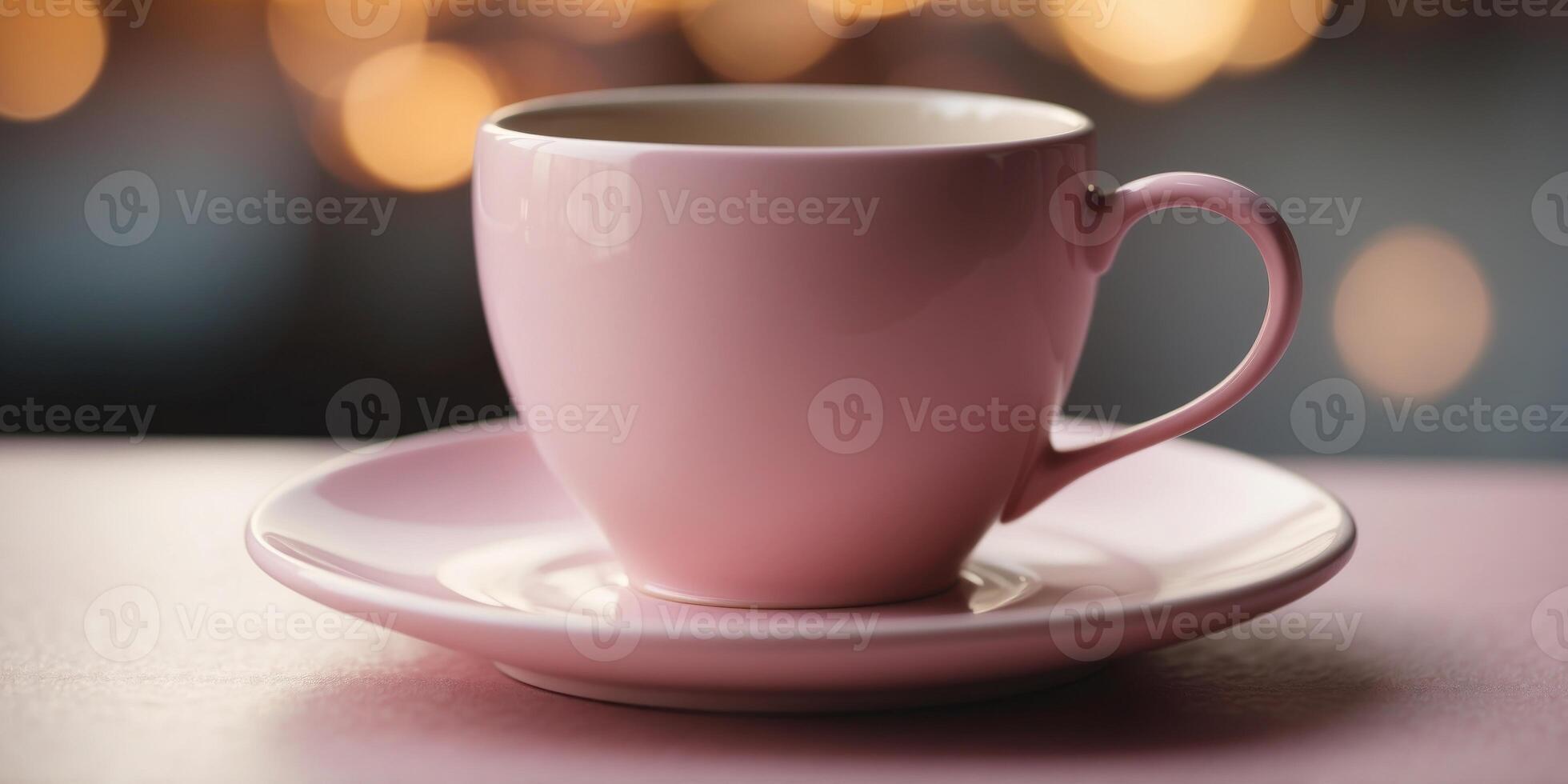 Pastel-colored coffee cup on pink pedestal. photo