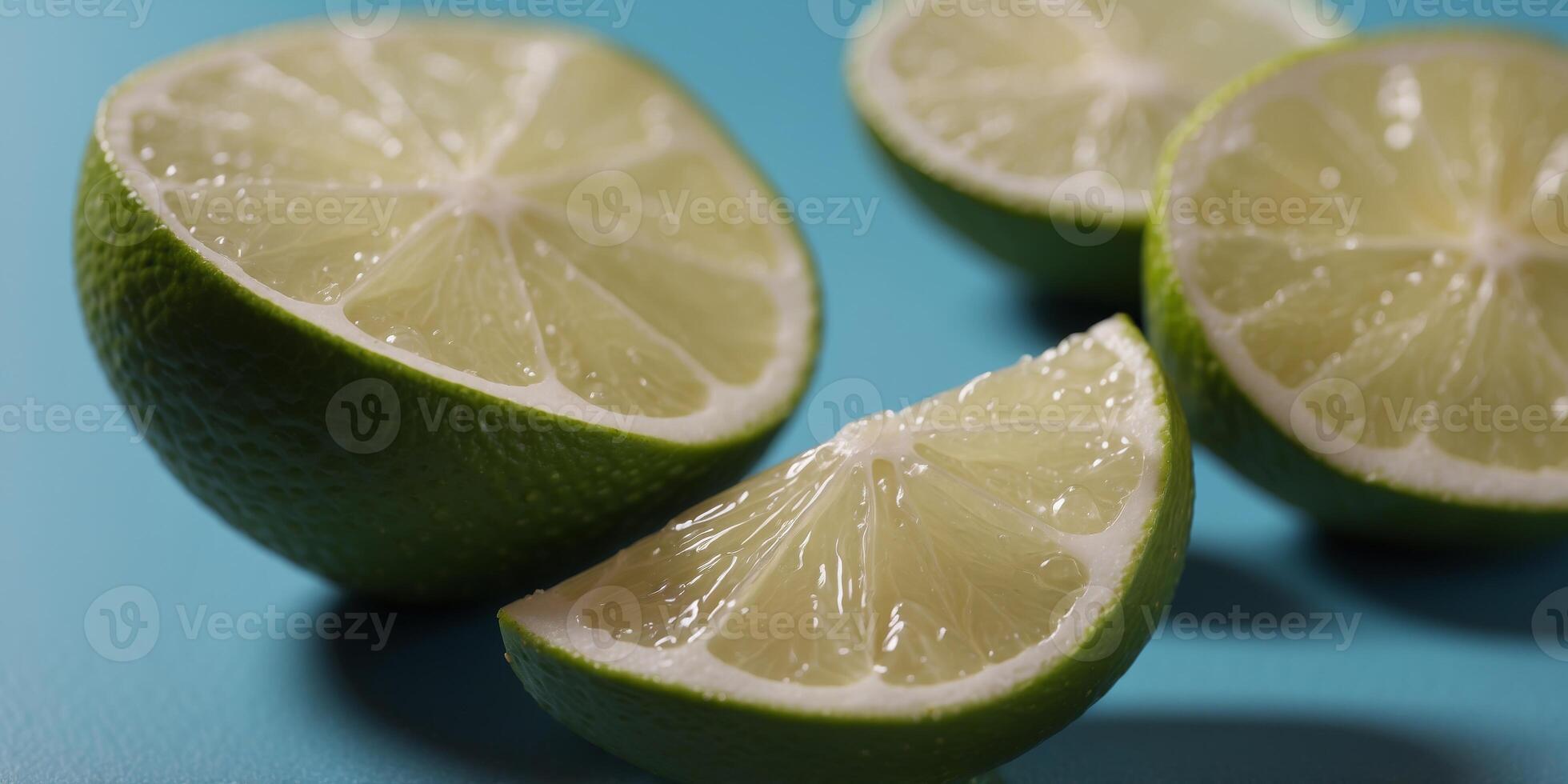 Slice of lime wrapped like candy on bright blue background Minimal fruit concept Top view Copy space. photo
