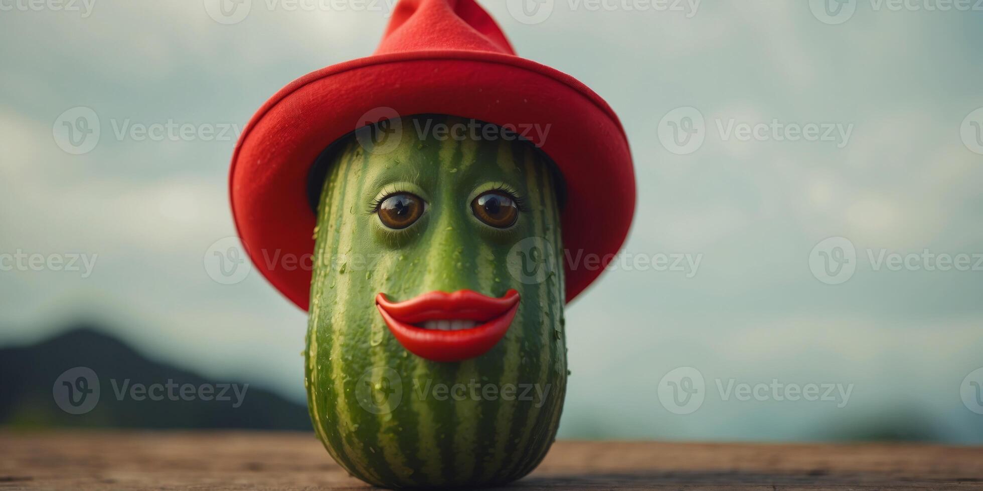 A whimsical green cucumber sporting a vibrant red hat. photo