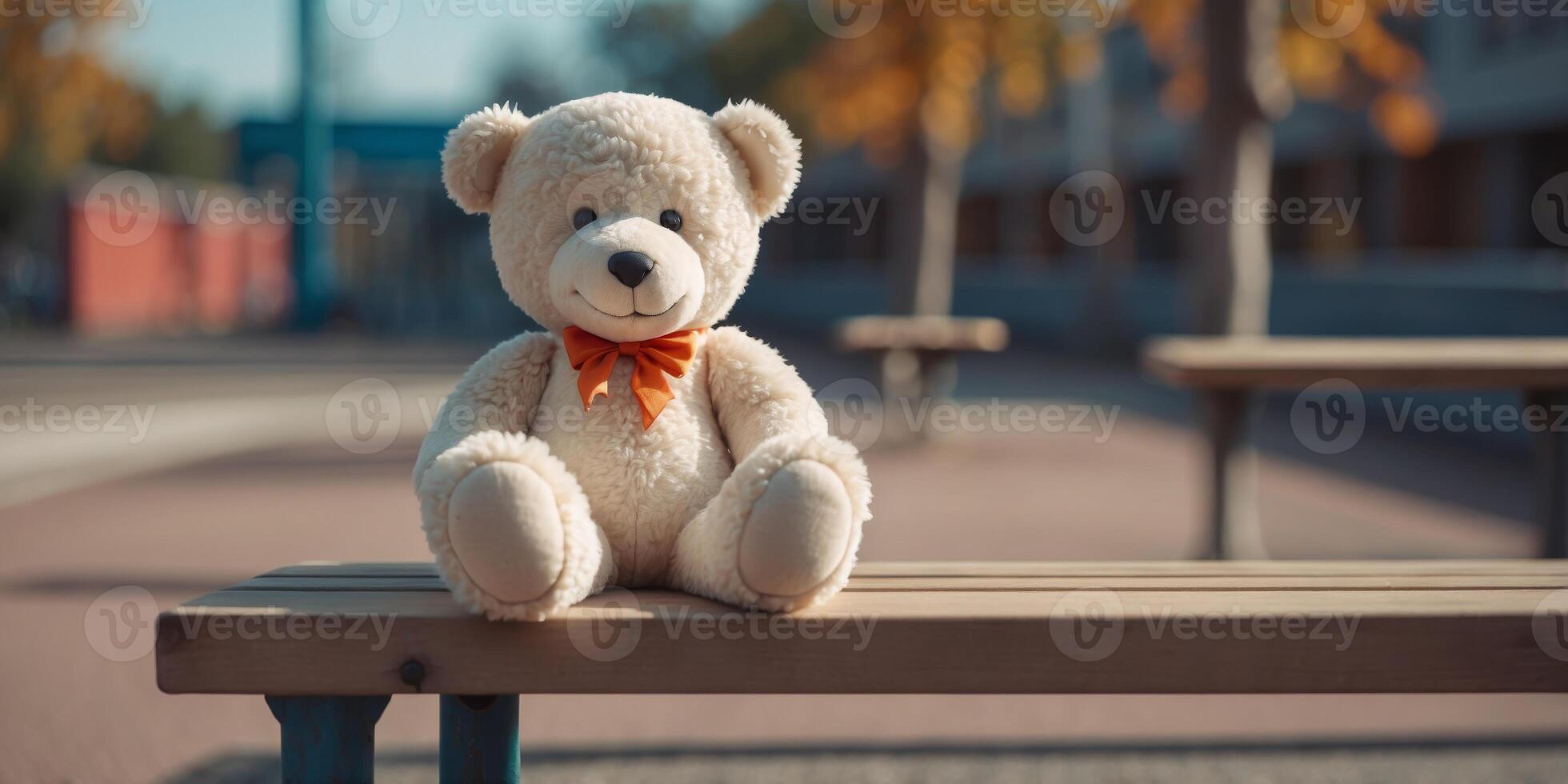 white Lost teddy bear sitting on bench at playground in sunny day. photo