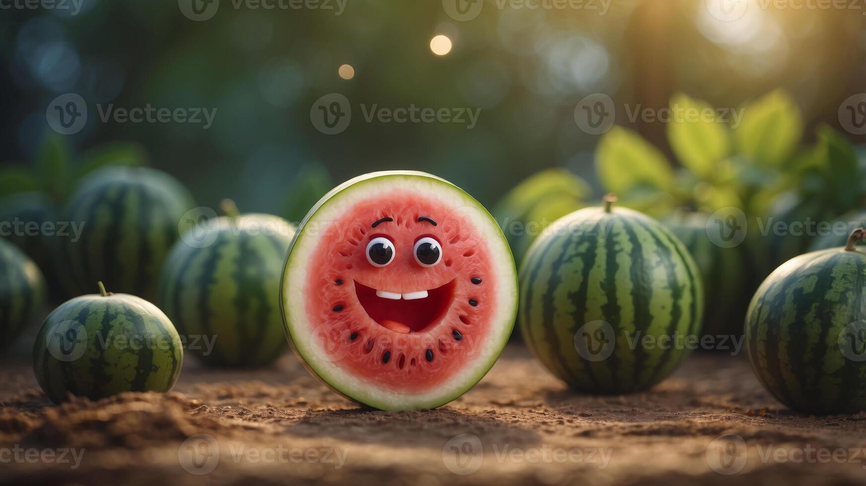 Joyful Watermelon Slice Character, Happy Melon Fruit Mascot - A Smiling Watermelon Slice Brightens Your Day with Cheerful Energy. photo