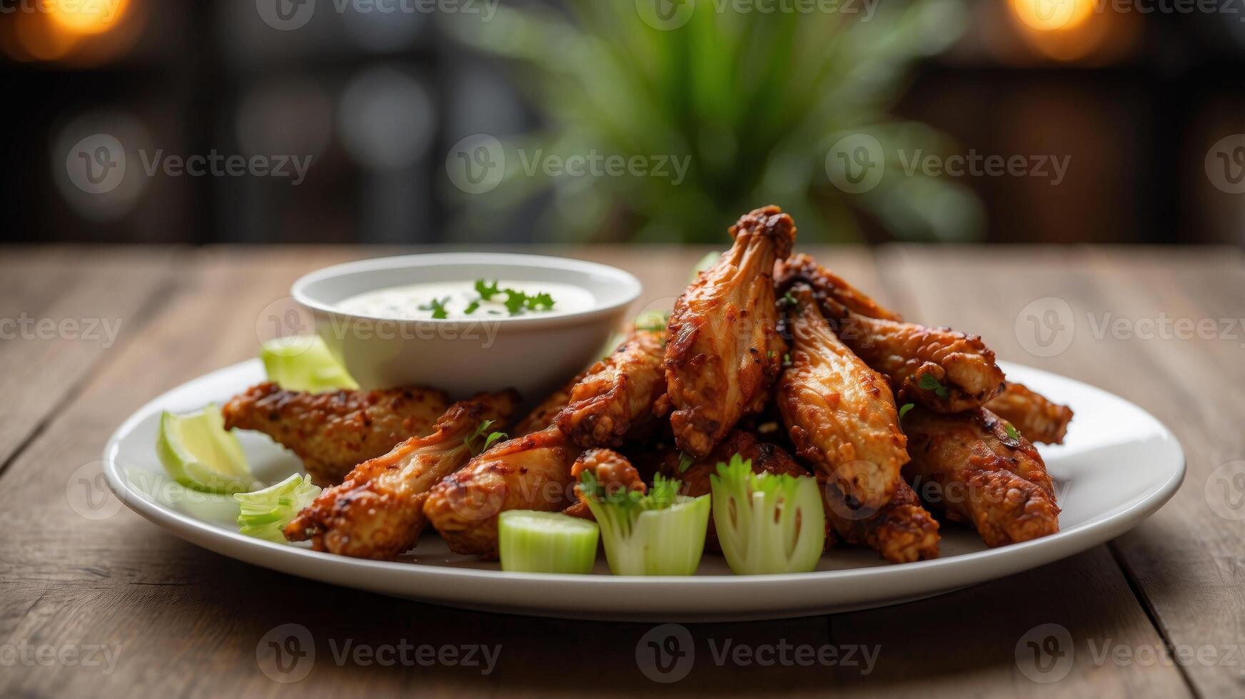 Plate of spicy cooked chicken wings with celery and dip on wooden table. photo