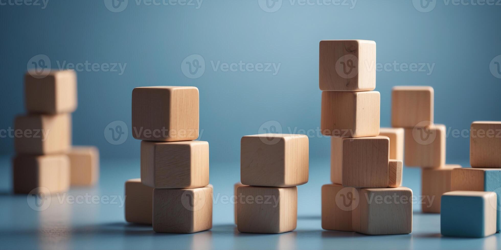 Cube Formation Made of Wooden Blocks on Soft Blue Background. photo