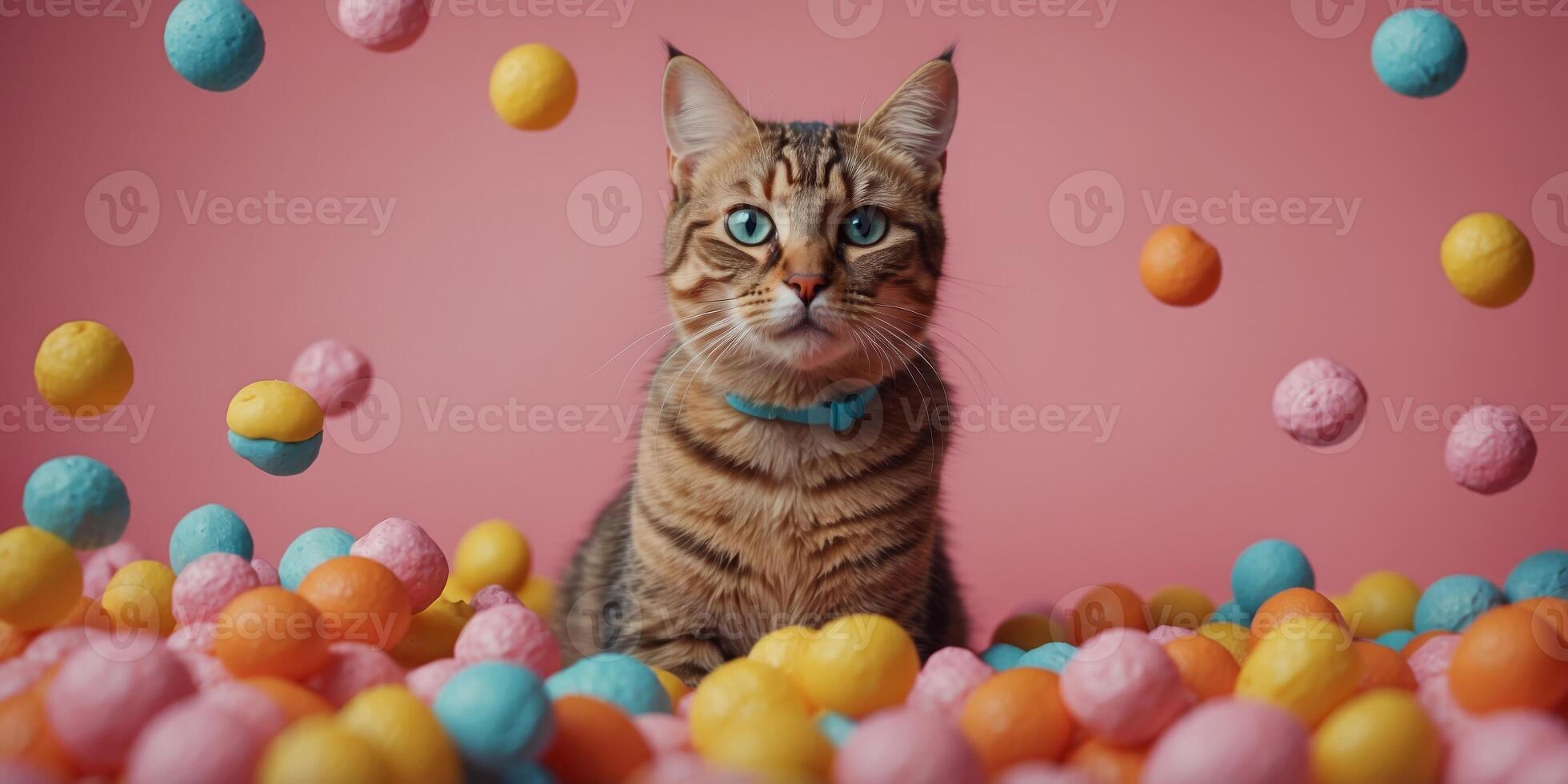 A colored cat holds some candies on pink background. photo