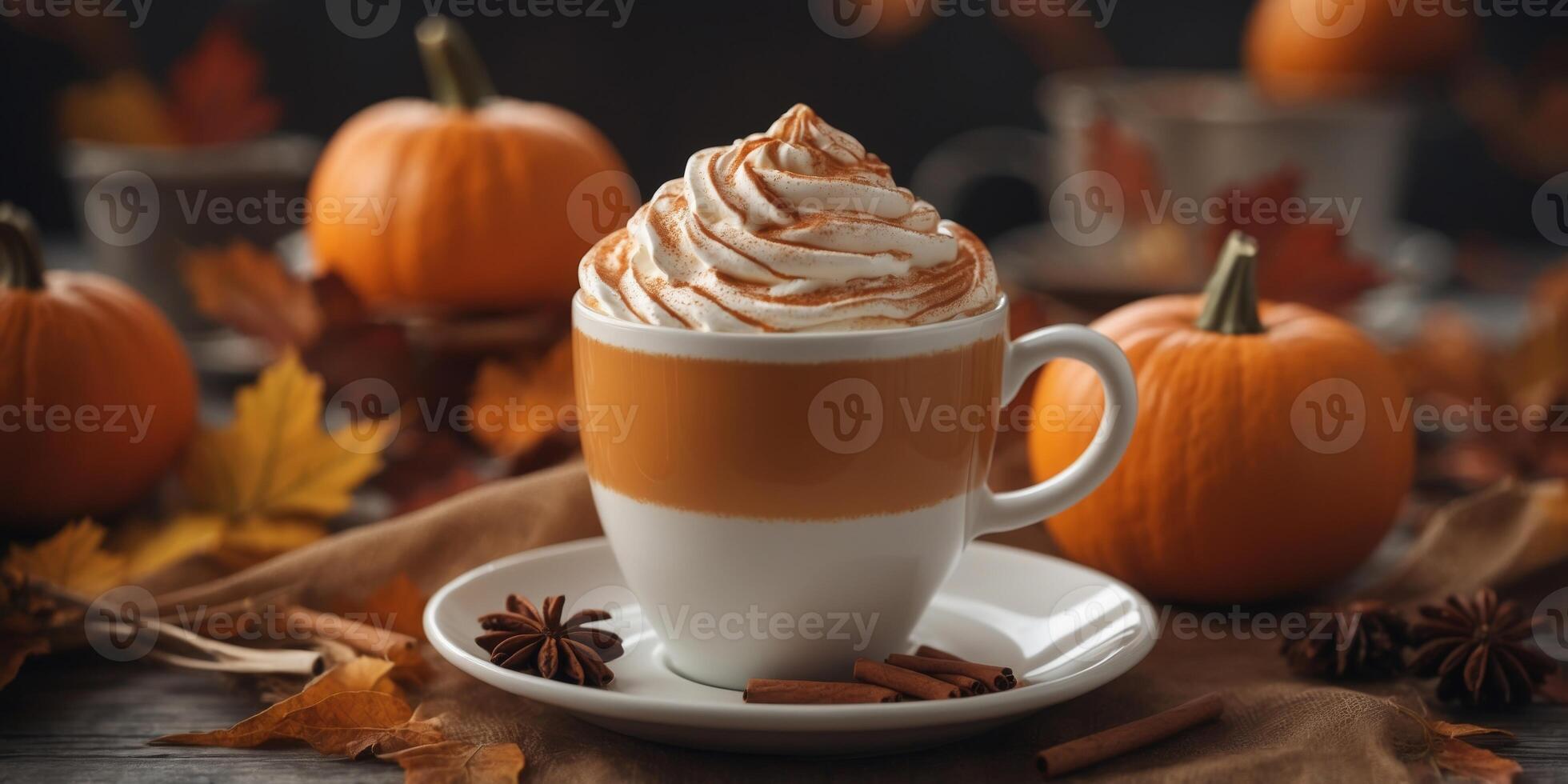 Autumn pumpkin spice latte with whipped cream and cinnamon. photo