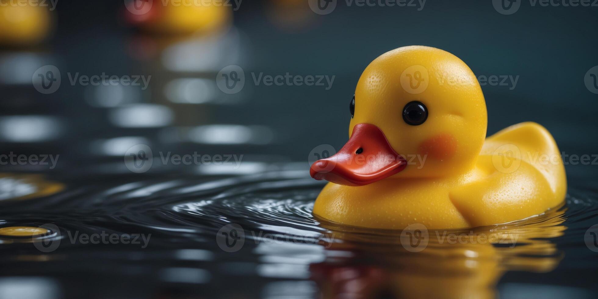 A small rubber yellow duck swims in the water in the pool. photo