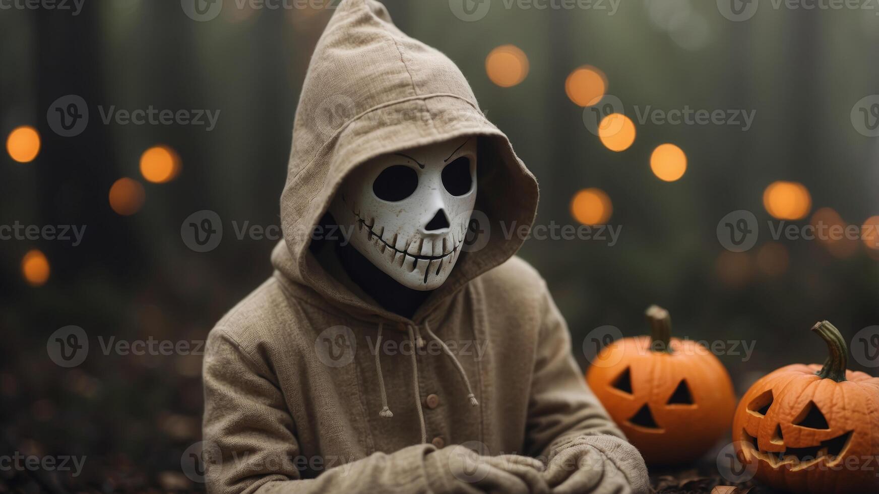 White Halloween character on khaki background, jack o lantern. photo