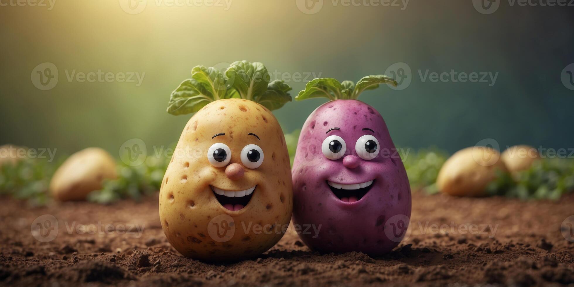 A cheerful potato with a smiling face surrounded by other potatoes banner. photo