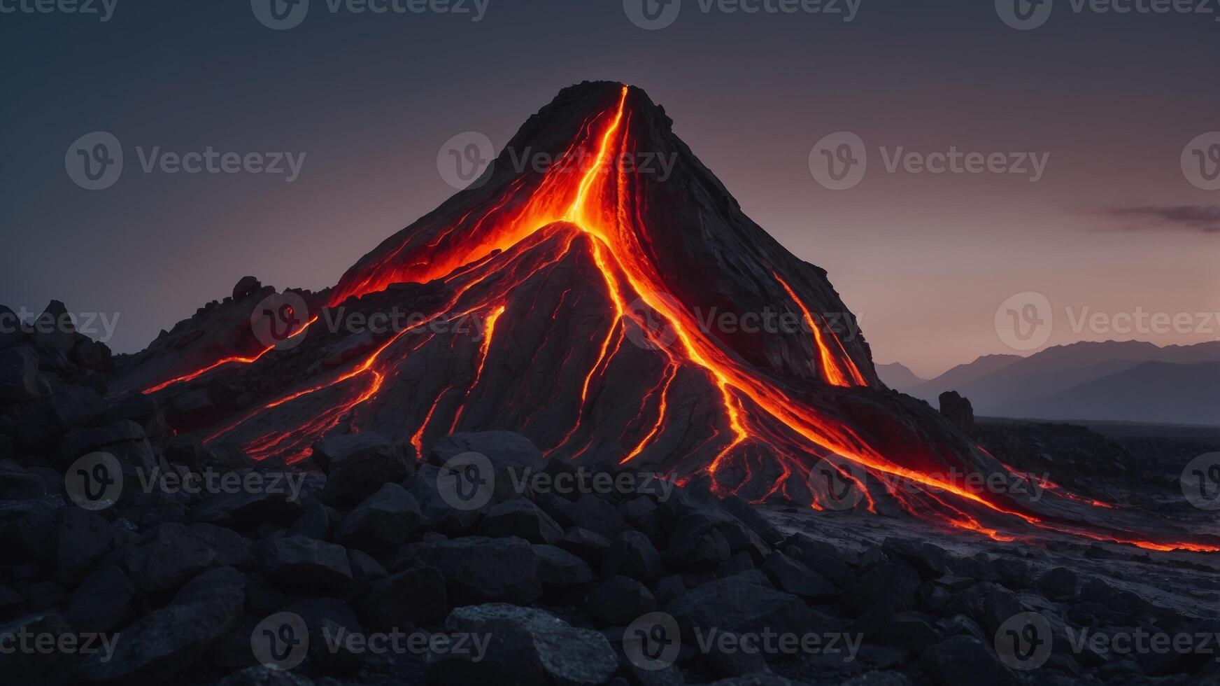 Lava Flow within Barren Volcanic Landscape located at Dusk. photo