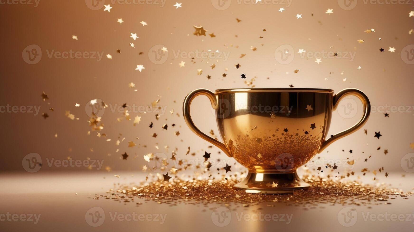 golden blank winners cup with golden stars confetti flying out on a peach fuzz color background. photo