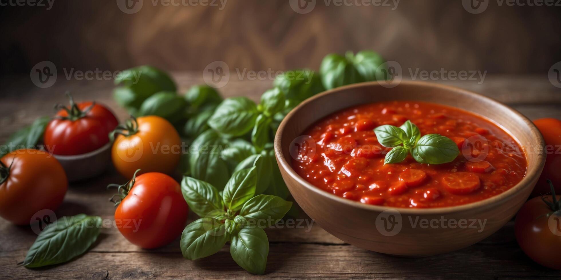 A bowl of tomato sauce with fresh tomatoes and basil on a rustic wooden table. photo