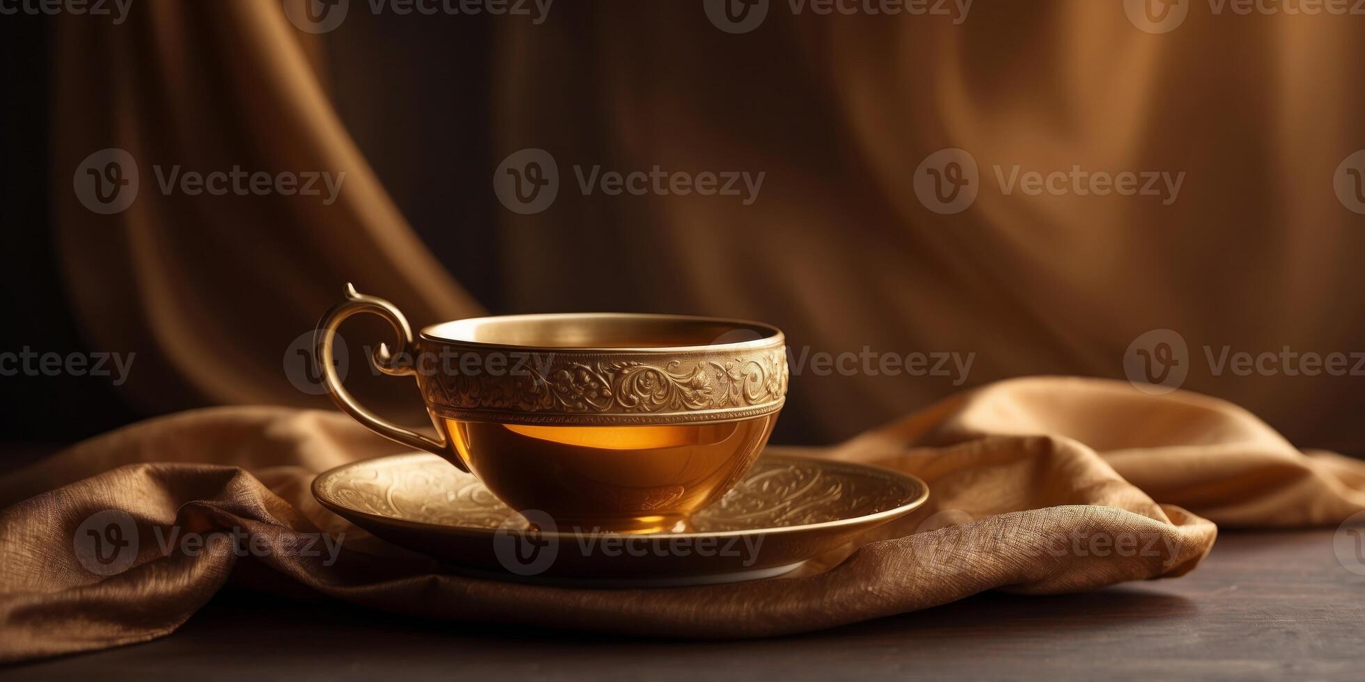 Golden cup of tea on saucer with silky drape on brown background with copy space. photo