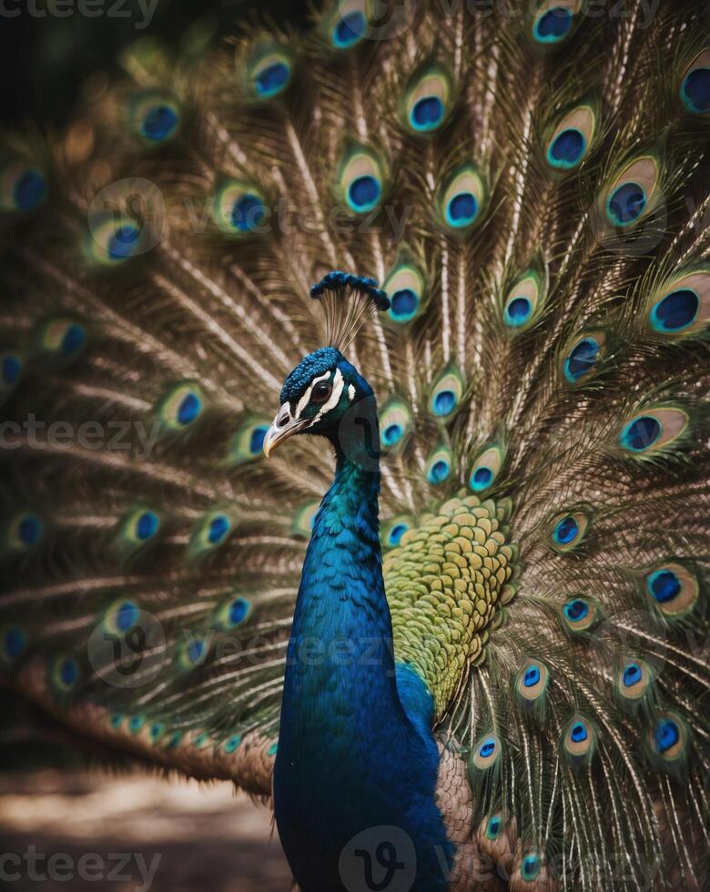 Closeup of a peacock spreading wings and feathers in a beautiful garden. photo